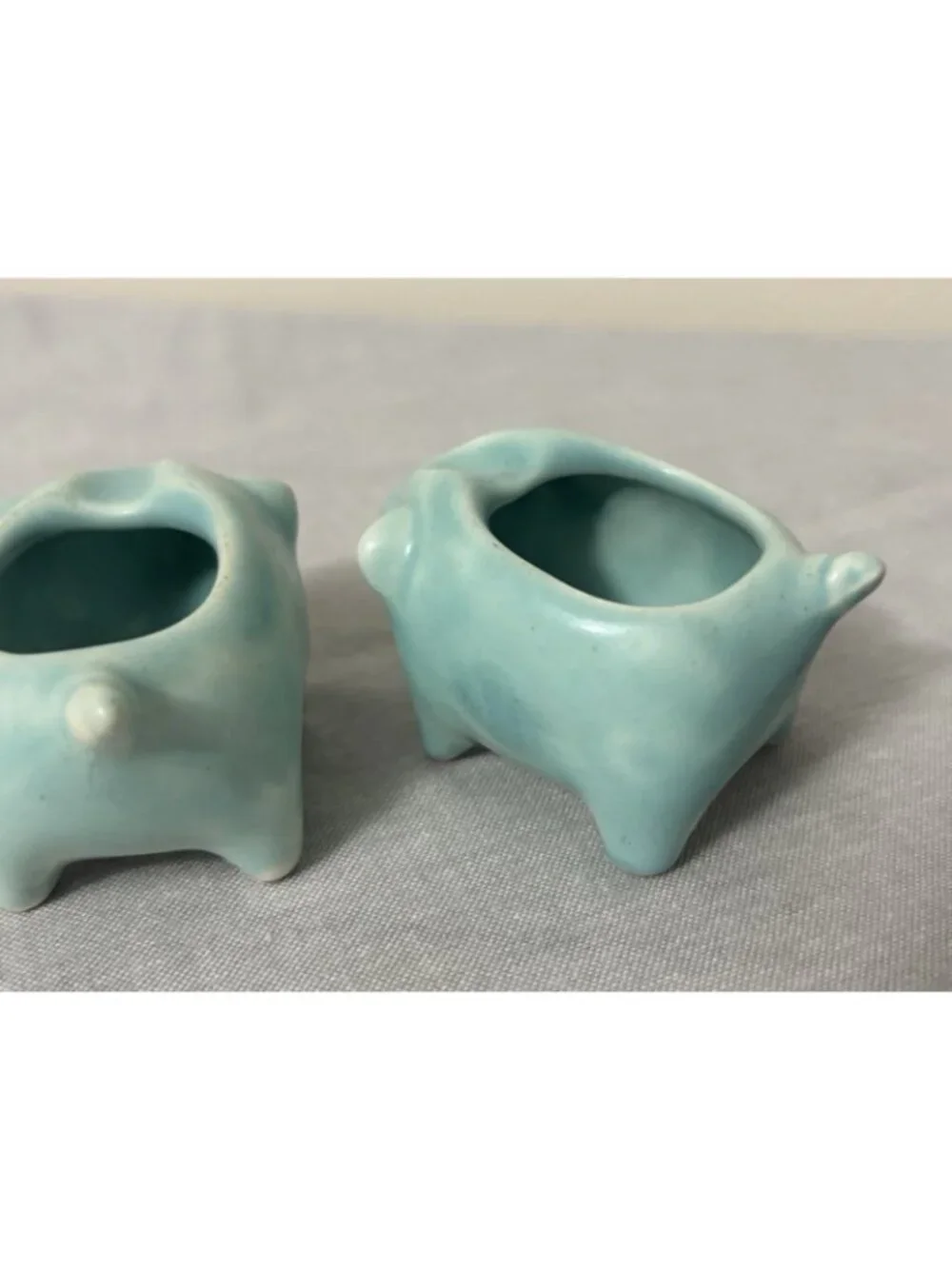 Vintage PAIR Stangl  Pottery Pig Ashtray Antique Blue Teal MCM